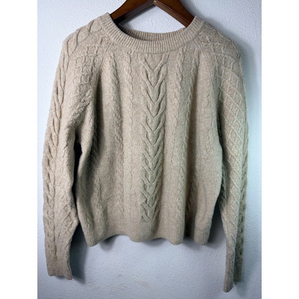 H&M Women Sweater Beige M Cable Knit Crew Neck Raglan Long Sleeve Oatmeal